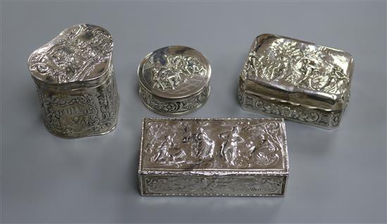 Four embossed silver trinket boxes, various,